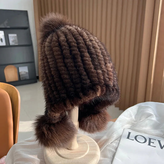 Winter knitted real mink fur hat