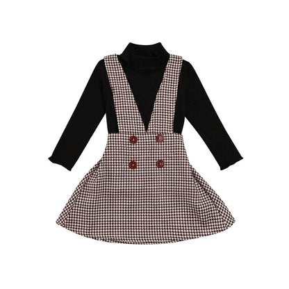 Solid turtleneck tops + plaid suspender skirt set