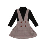 Solid Turtleneck Tops + Plaid Suspender Skirt Set