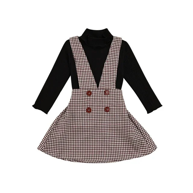 Solid Turtleneck Tops + Plaid Suspender Skirt Set