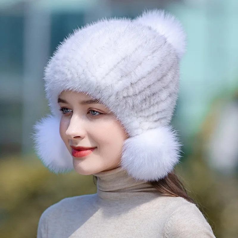 Winter knitted real mink fur hat