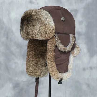 Windproof super warm real rabbit fur bomber hat