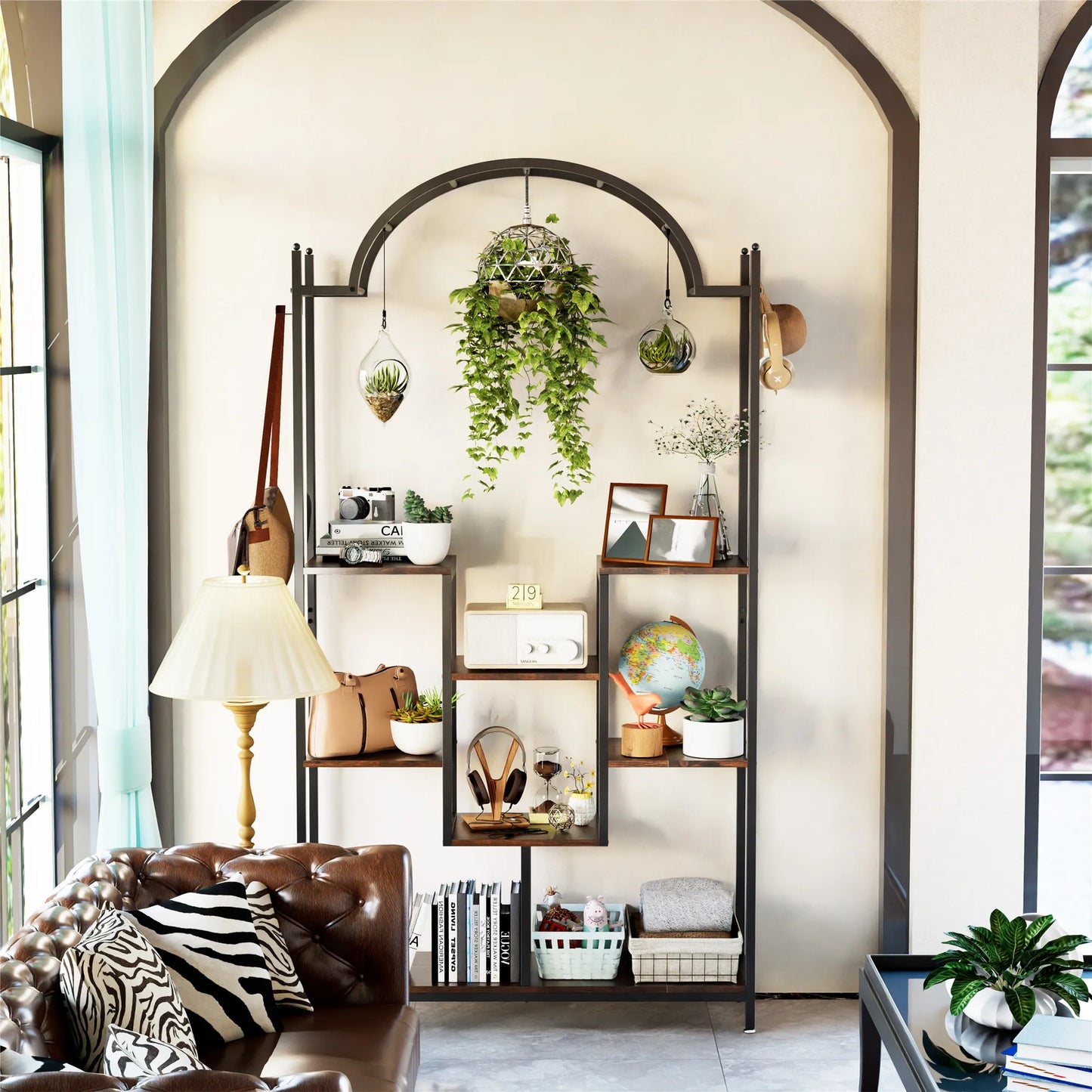 Arched metal flower shelf with hanging hooks