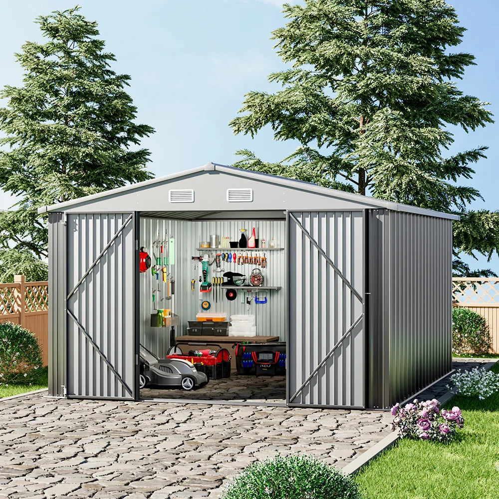 Outdoor metal storage shed with floor frame base