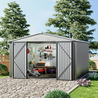 Outdoor metal storage shed with floor frame base