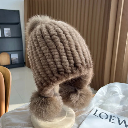 Winter knitted real mink fur hat