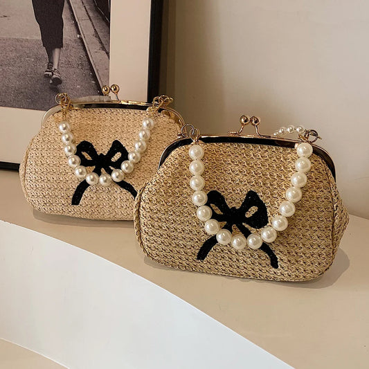 Summer straw pearl chain clutch luxury top hand bag