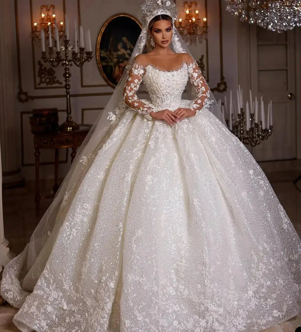 Long Sleeves Sequins Beads Luxury Wedding Dress