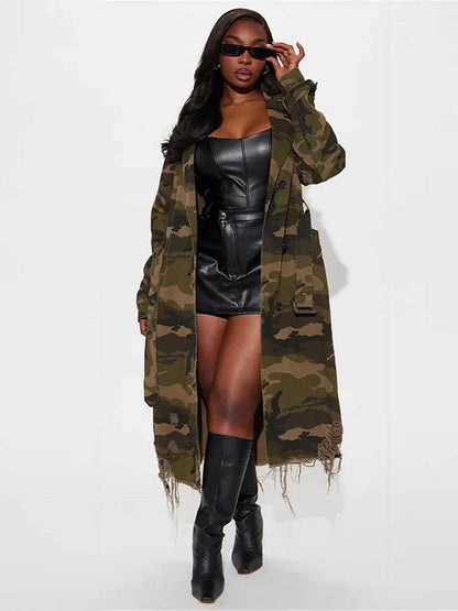 Camouflage long lace up straight coat