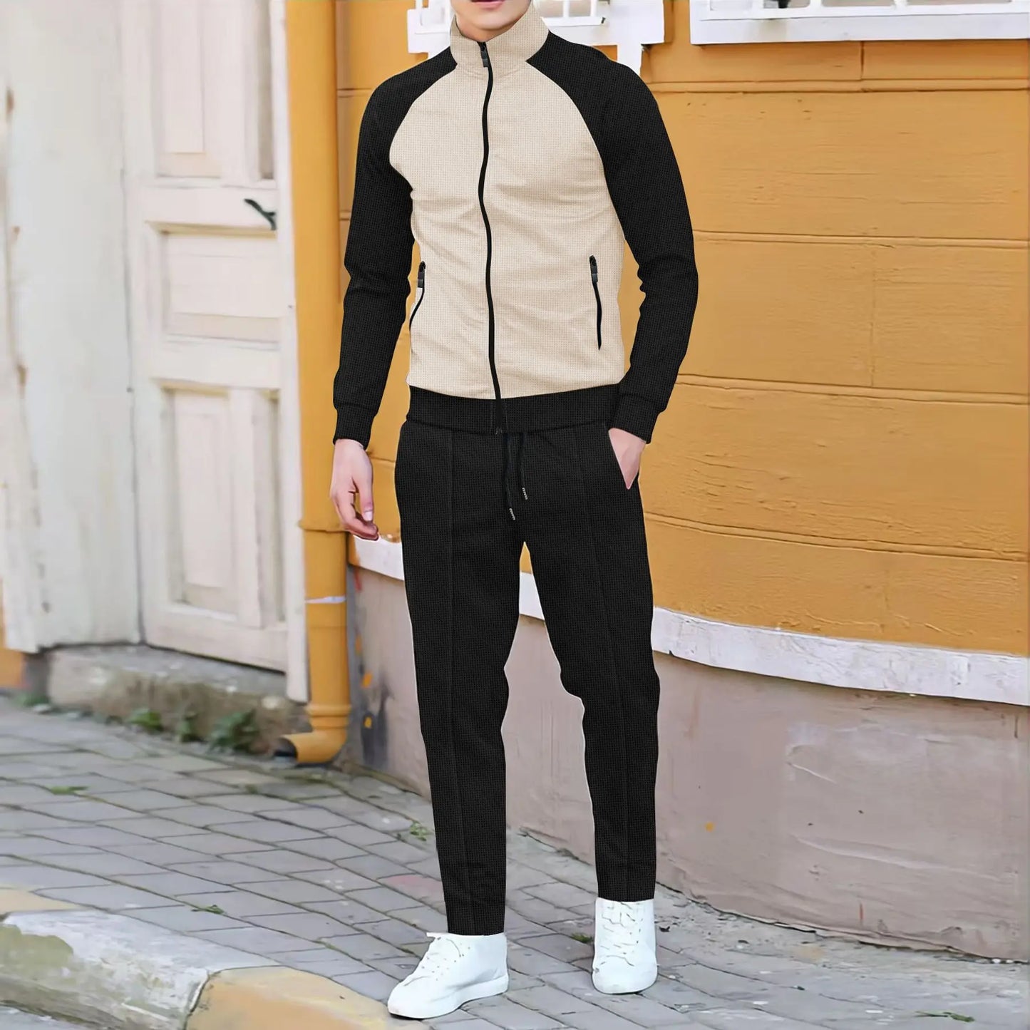 Men's plain waffle long sleeve pants suit