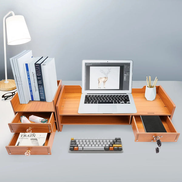 2 Keys Computer Rack with Drawers & Phone Holder Wood