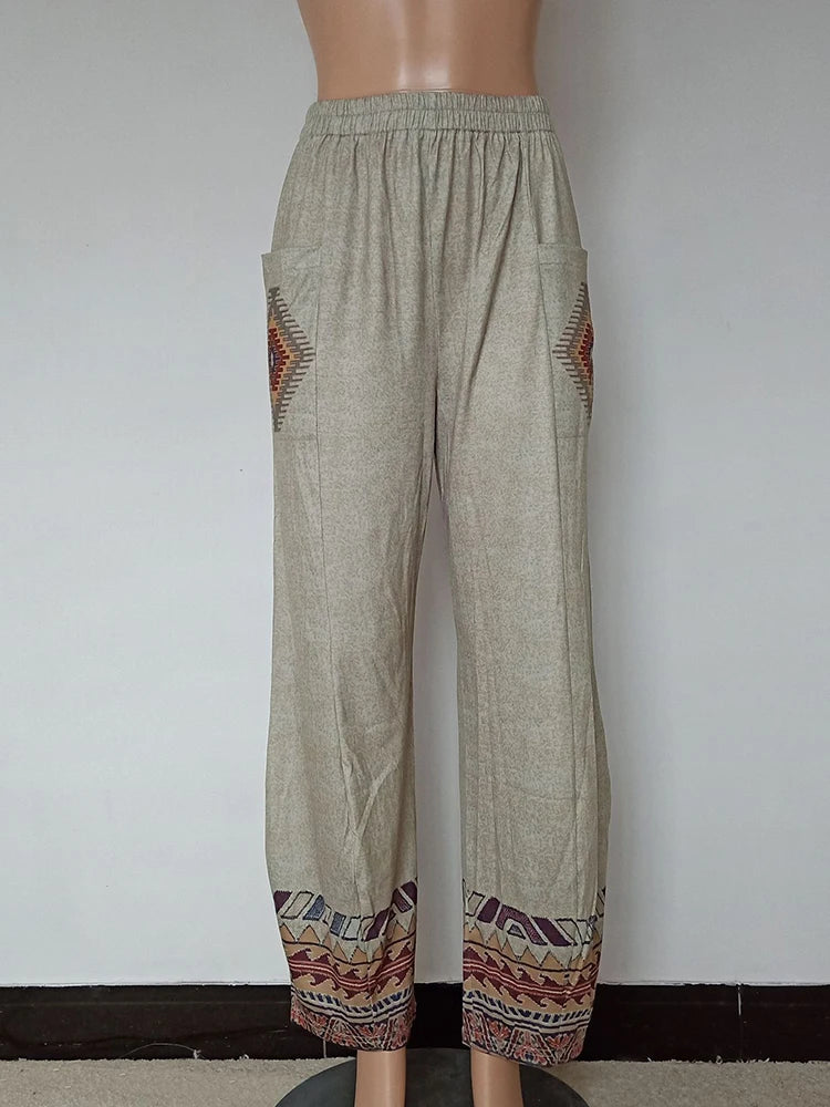 Casual vintage ethnic style with pocket pants