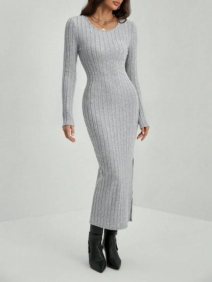 Winter knitted stripe split elastic bodycon dress