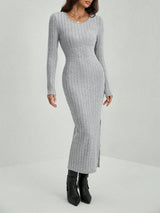 Winter Knitted Stripe Split Elastic Bodycon Dress