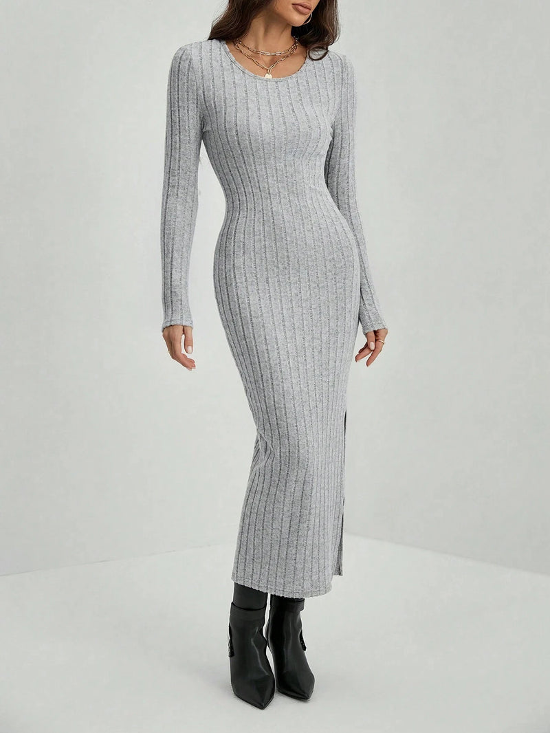 Winter Knitted Stripe Split Elastic Bodycon Dress