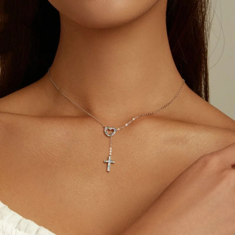 Women's Sterling Silver Heart Cross Necklace