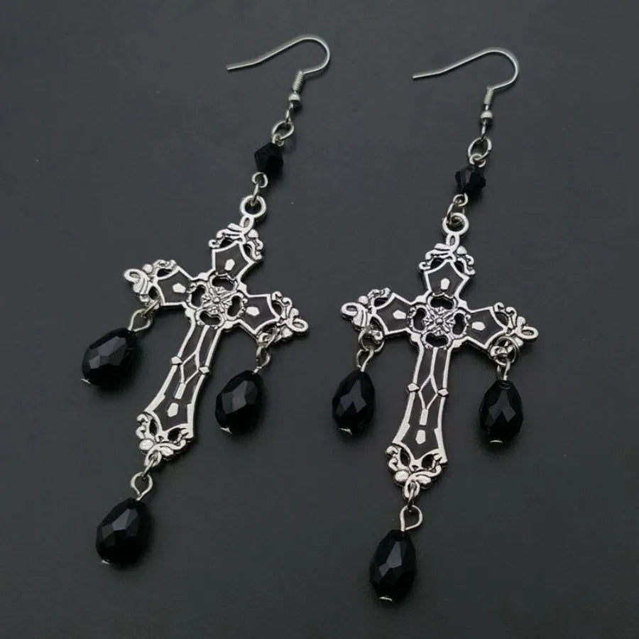 Gothic Black Cross Garnet And Crystal Chandelier Earrings