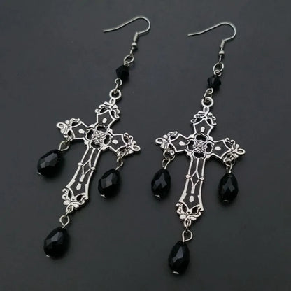 Gothic Black Cross Garnet And Crystal Chandelier Earrings