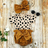 Leopard Print Short Sleeve Romper 3pcs Outfit Set