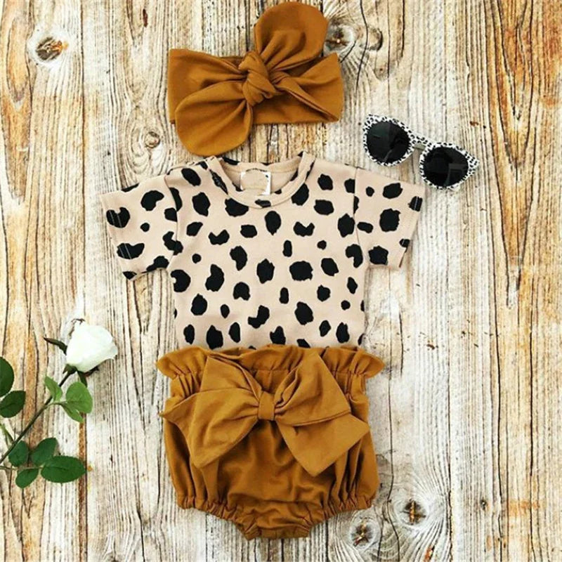Leopard Print Short Sleeve Romper 3pcs Outfit Set
