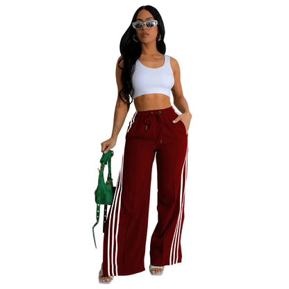 High waist stripe patchwork lace up pants