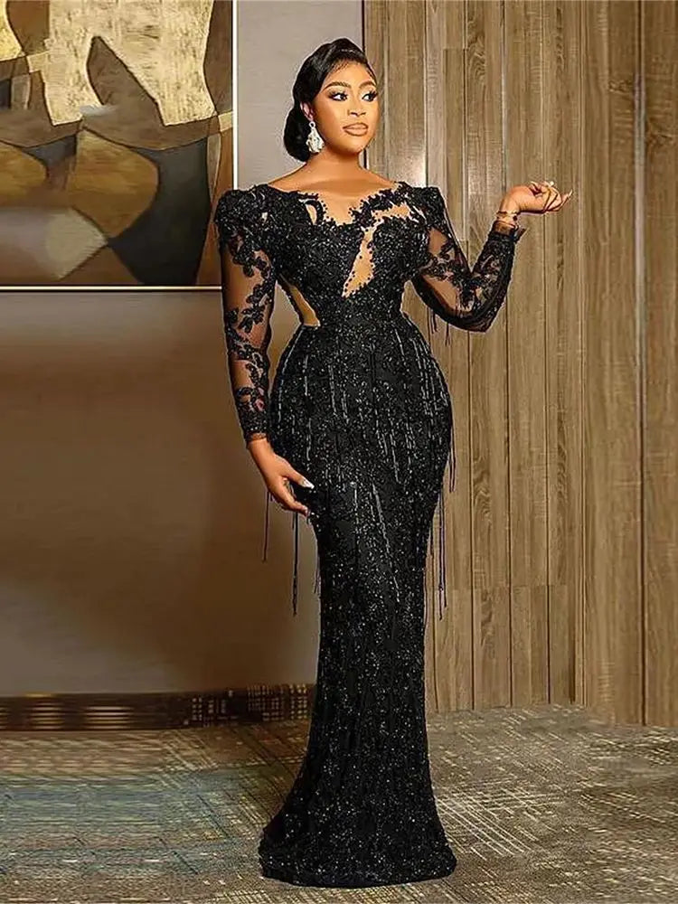 Lace appliques crystal beaded party dress