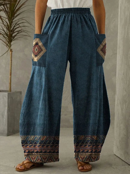 Casual vintage ethnic style with pocket pants