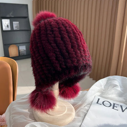 Winter knitted real mink fur hat