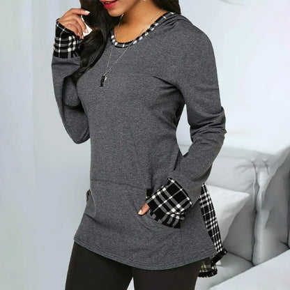 Casual hooded top with patchwork checks back