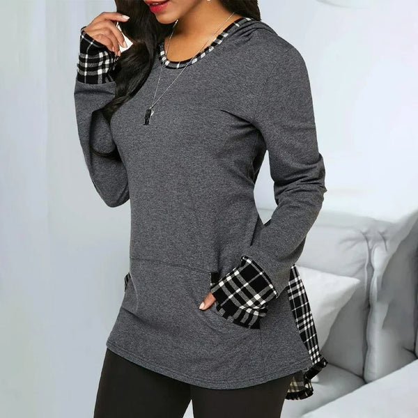 Casual Hooded Top with Patchwork Checks Back