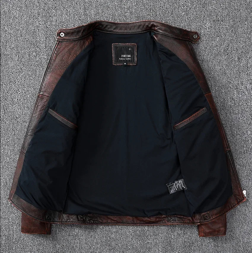 Vintage style cowhide genuine leather jacket
