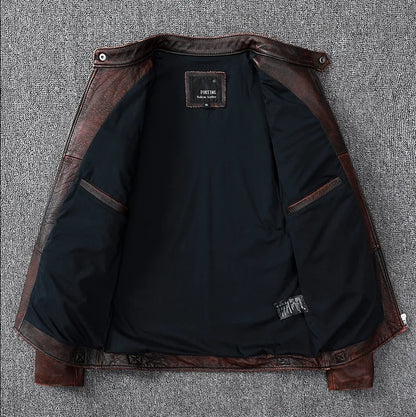Vintage style cowhide genuine leather jacket