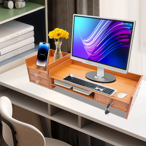 2 Keys Computer Rack with Drawers & Phone Holder Wood