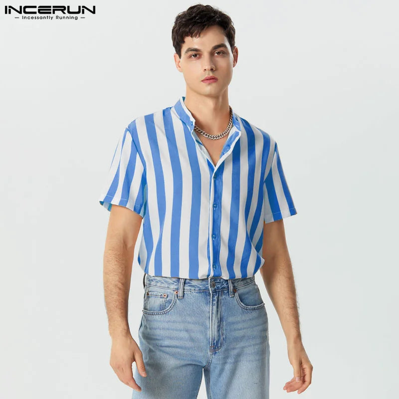 Striped Stand Collar Short Sleeve Summer Shirt