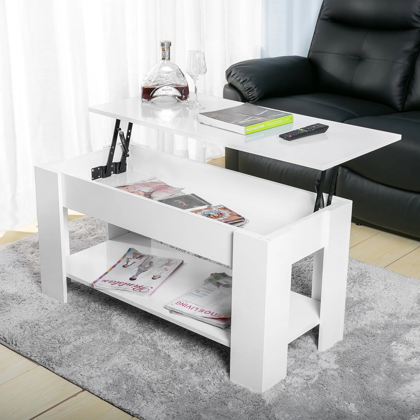 Lift up top coffee table with storage and shelf