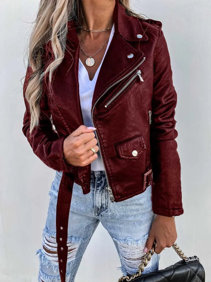 Women's long sleeve zipper pu leather jacket