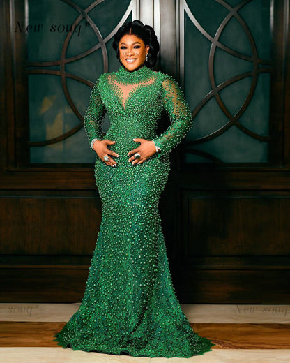 Pearls beaded long sleeves mermaid evening dress