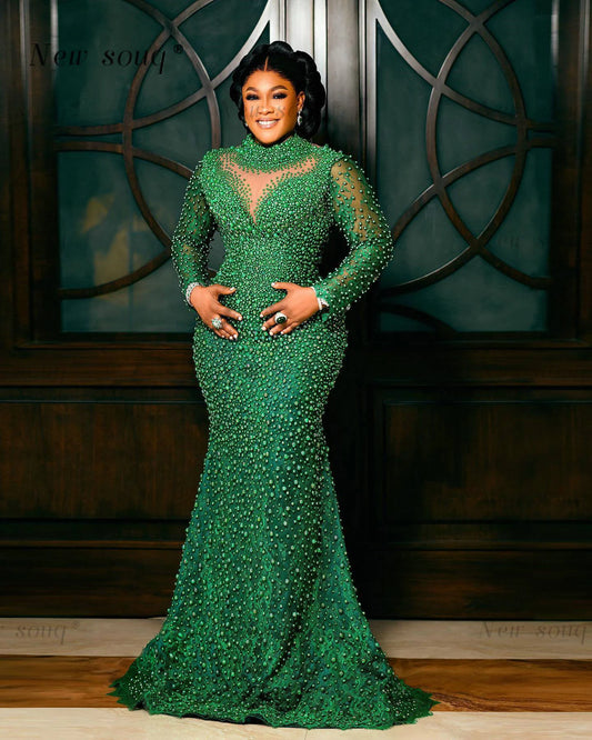 Pearls beaded long sleeves mermaid evening dress