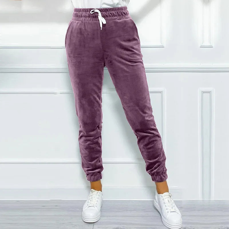 Solid drawstring velvet jogger pants
