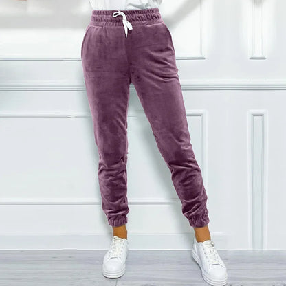 Solid drawstring velvet jogger pants