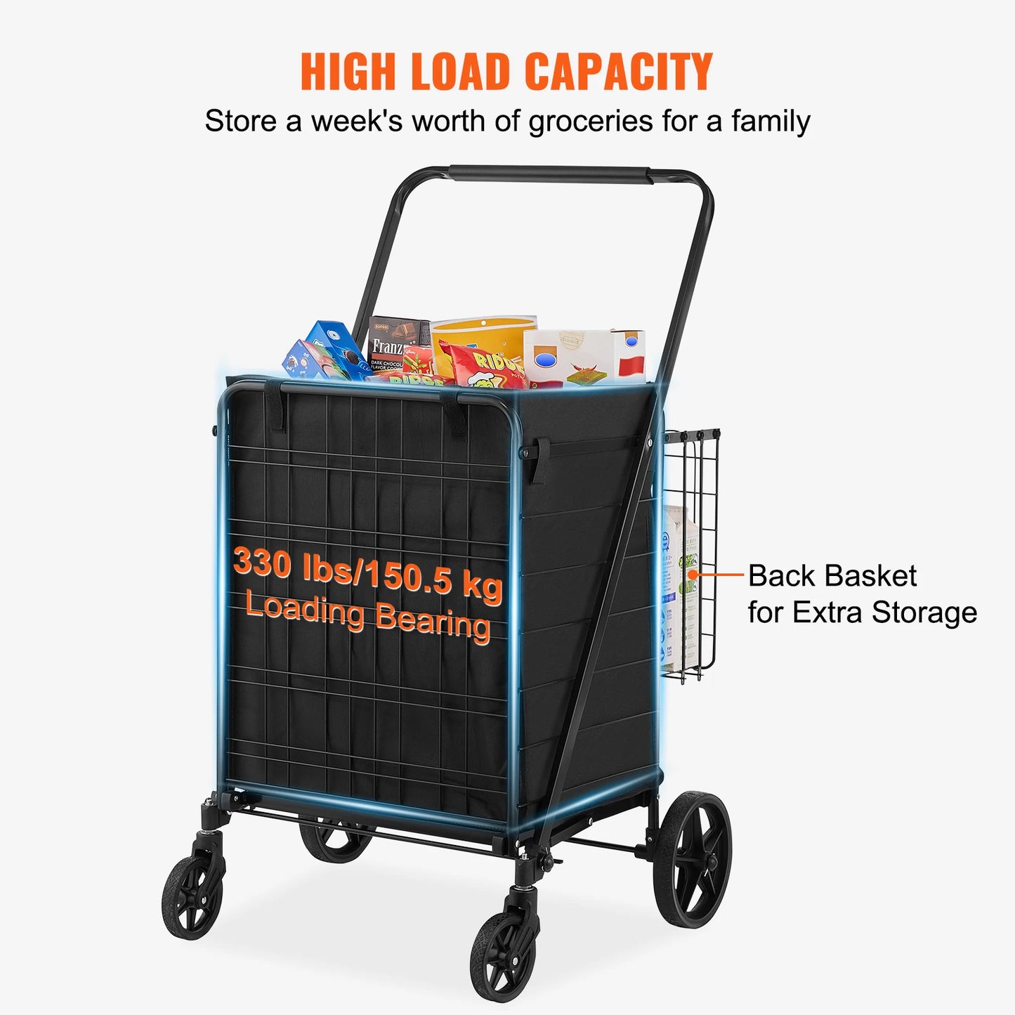 Folding Shopping Cart with Removable Waterproof Liner