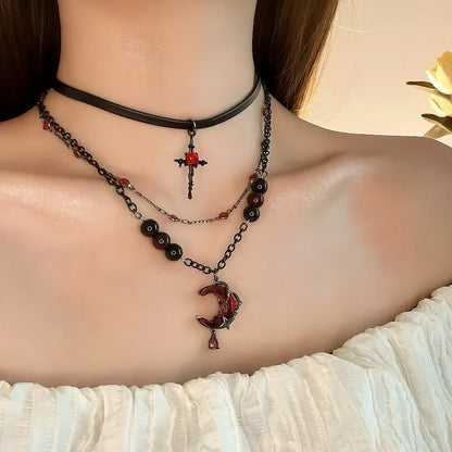 Punk Crystal Cross Moon Pendent Necklace