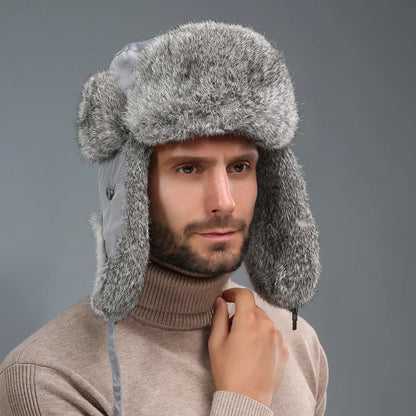 Windproof super warm real rabbit fur bomber hat