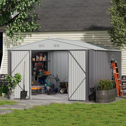Outdoor metal storage shed with floor frame base
