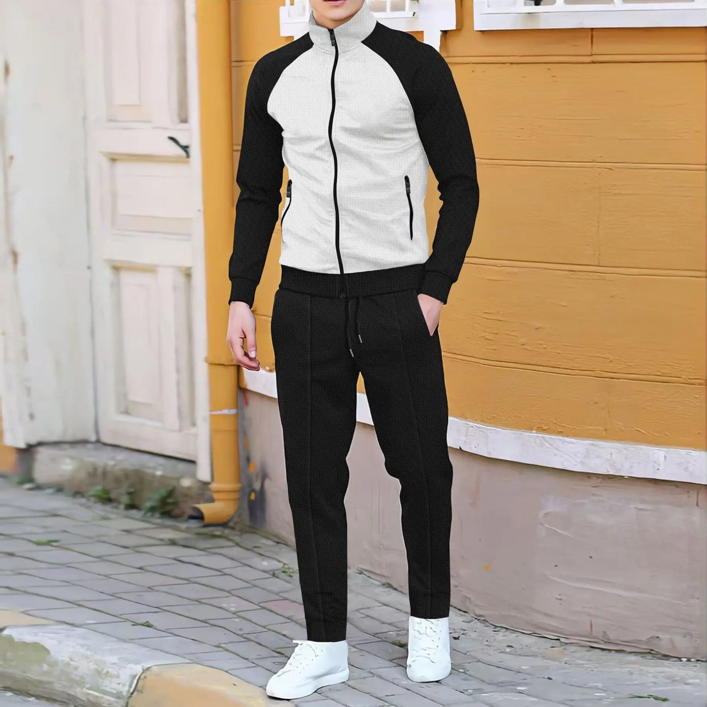 Men's plain waffle long sleeve pants suit