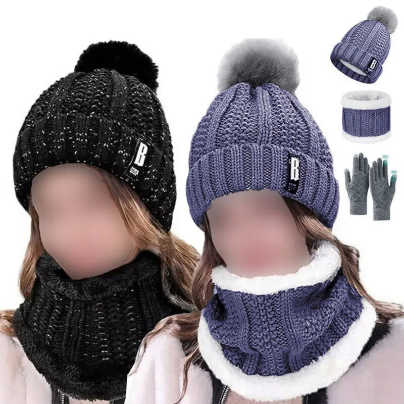 Thick Knit Hat Scarf and Touchscreen Gloves Set