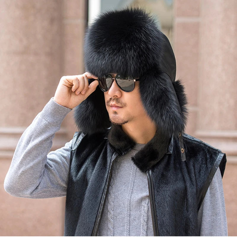 Winter men's fox fur bomber hat