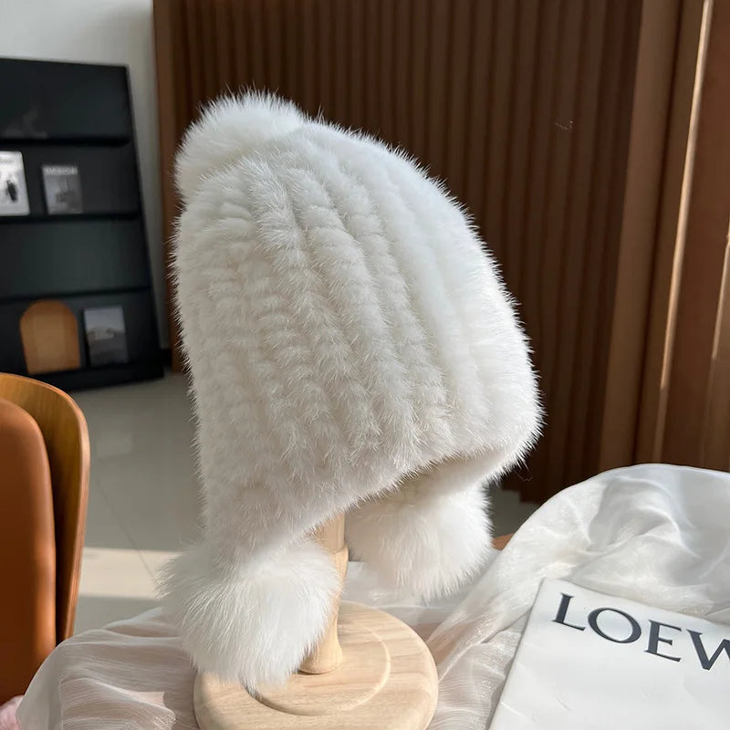 Winter knitted real mink fur hat