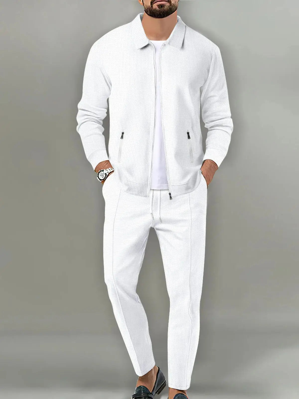 Men's plain waffle long sleeve pants suit