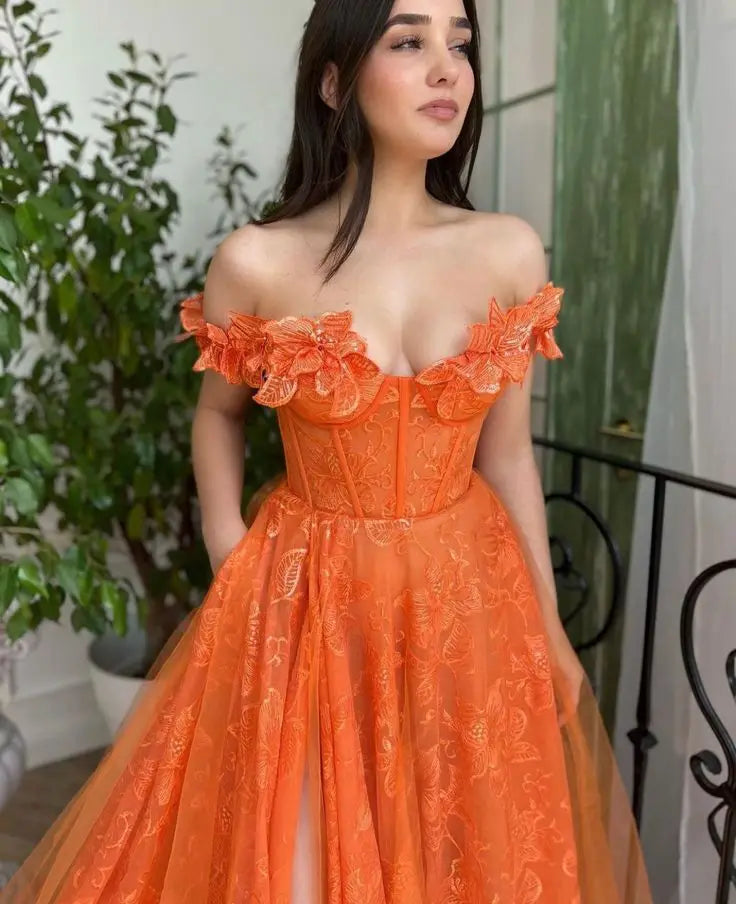 Long floor length off shoulder prom dress